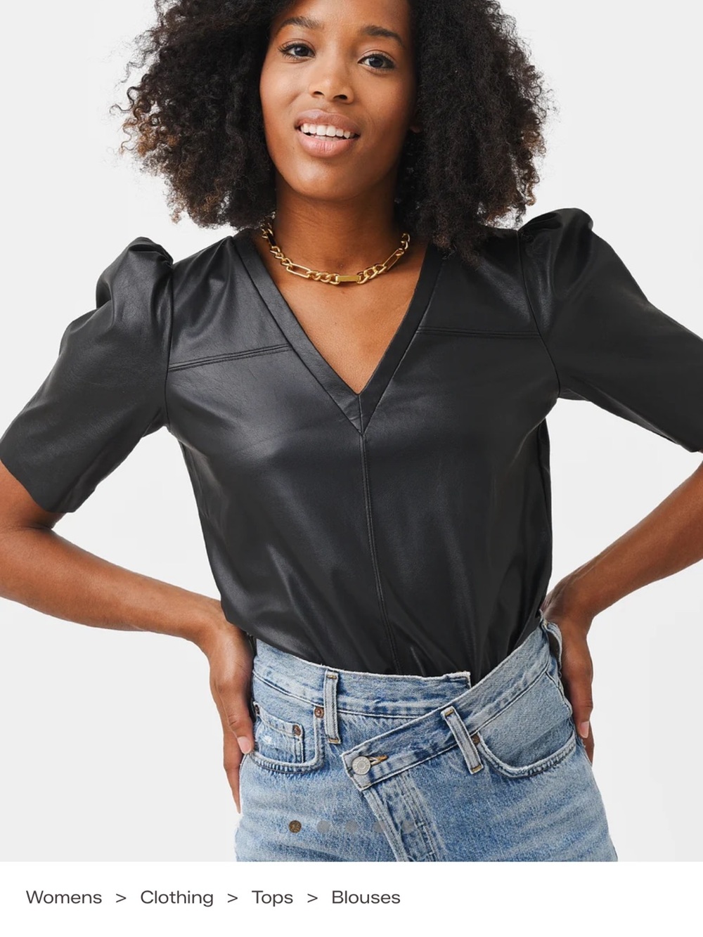 Lavender Brown Black Faux Leather V-Neck Puff-Sleeve Blouse